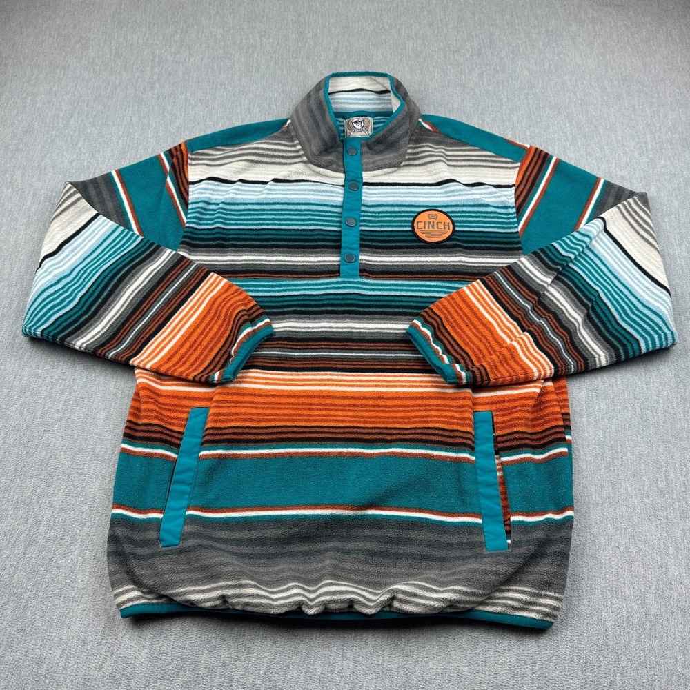 Cinch Sweater Men Large Teal Polar Fleece Pullover Blanket Striped Polar Western
